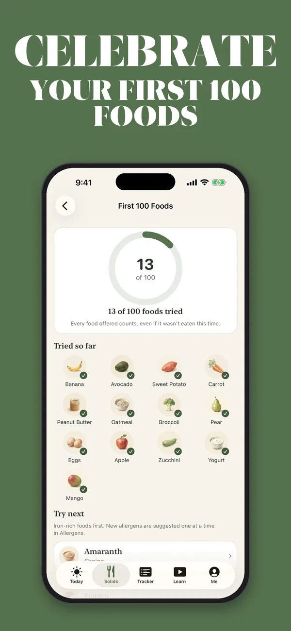 Celebra los primeros 100 alimentos de tu bebé