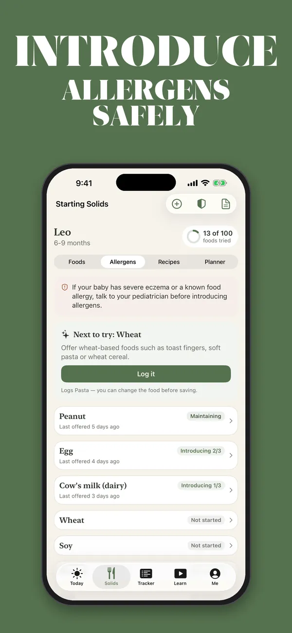 Pantalla de alérgenos de BabyJoy con cacahuate, huevo, leche de vaca, trigo y soya y su estado de introducción