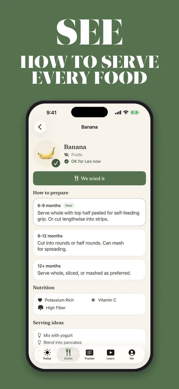 Guía de alimentos de BabyJoy para el plátano, con cómo prepararlo a los 6–9 meses, 9–12 meses y 12+ meses
